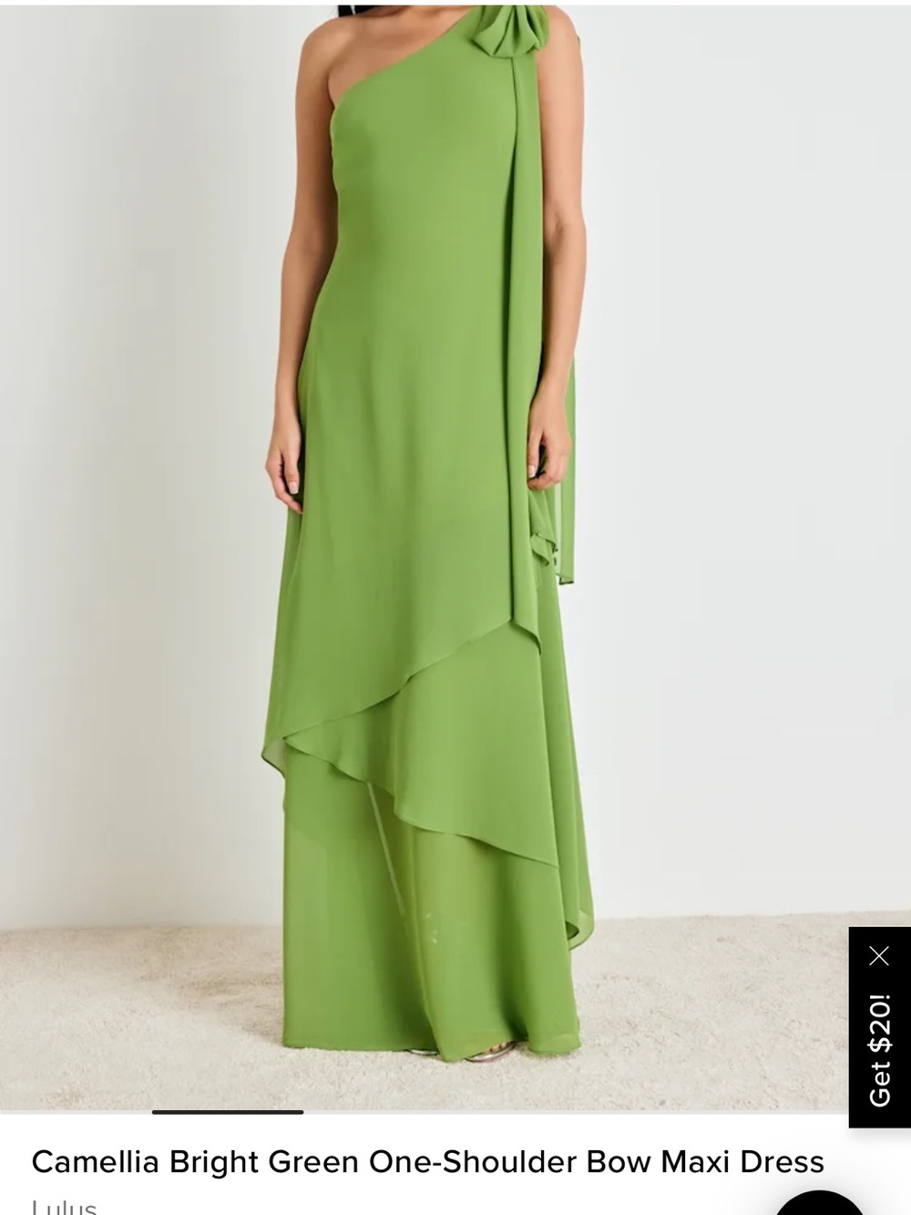 Lulu's Camellia One-Shoulder Maxi Dress in Bright Green with Bow